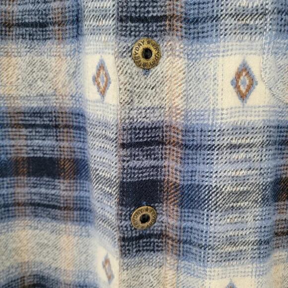 Fryday Club Button Down Shacket Mens Size XXL Blue White Plaid Aztec Cotton Long - Picture 3 of 9